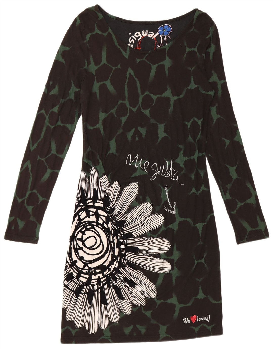 DESIGUAL Robe fourreau graphique à manches longues pour femme UK 12 moyen noir floral