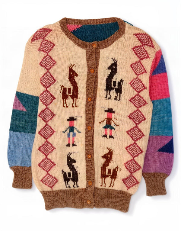 vintage Womens Graphic Cardigan Sweater UK 16 Grand Multicolore Géométrique