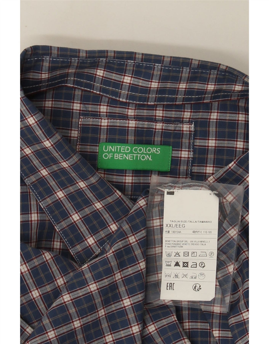 Benetton Chemise Homme 2XL Bleu Marine Carreaux Coton