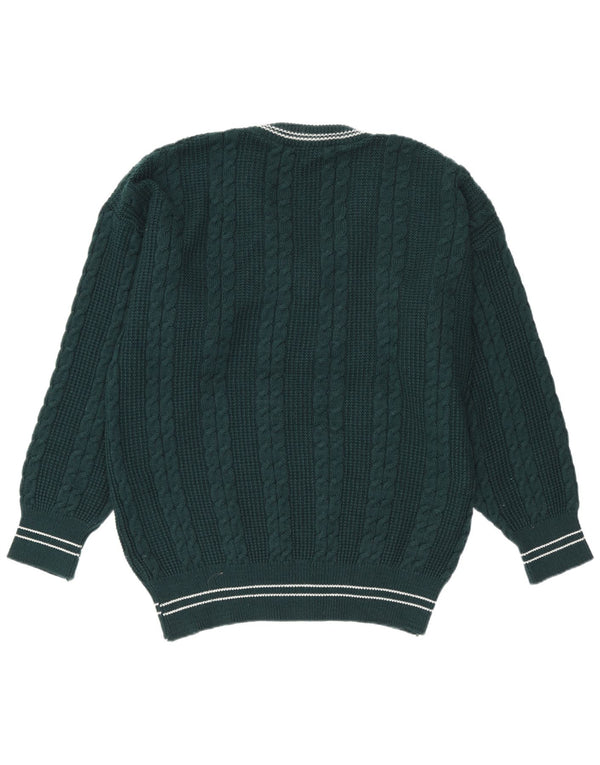vintage Mens V-Col Jumper Pull Grand Vert Rayé