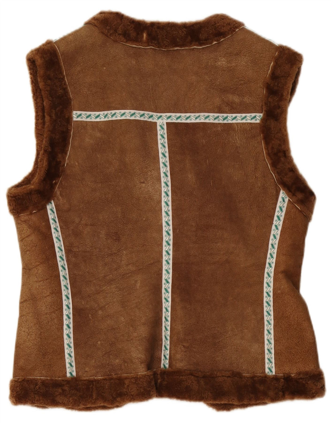 vintage Womens Shearling Gilet UK 12 Moyen Brun Géométrique
