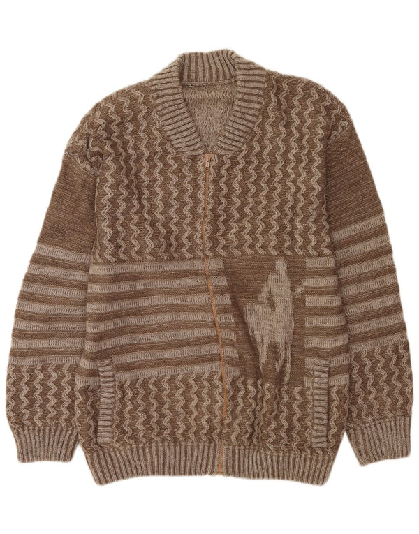 vintage Mens Graphic Cardigan Sweater Grande laine patchwork marron