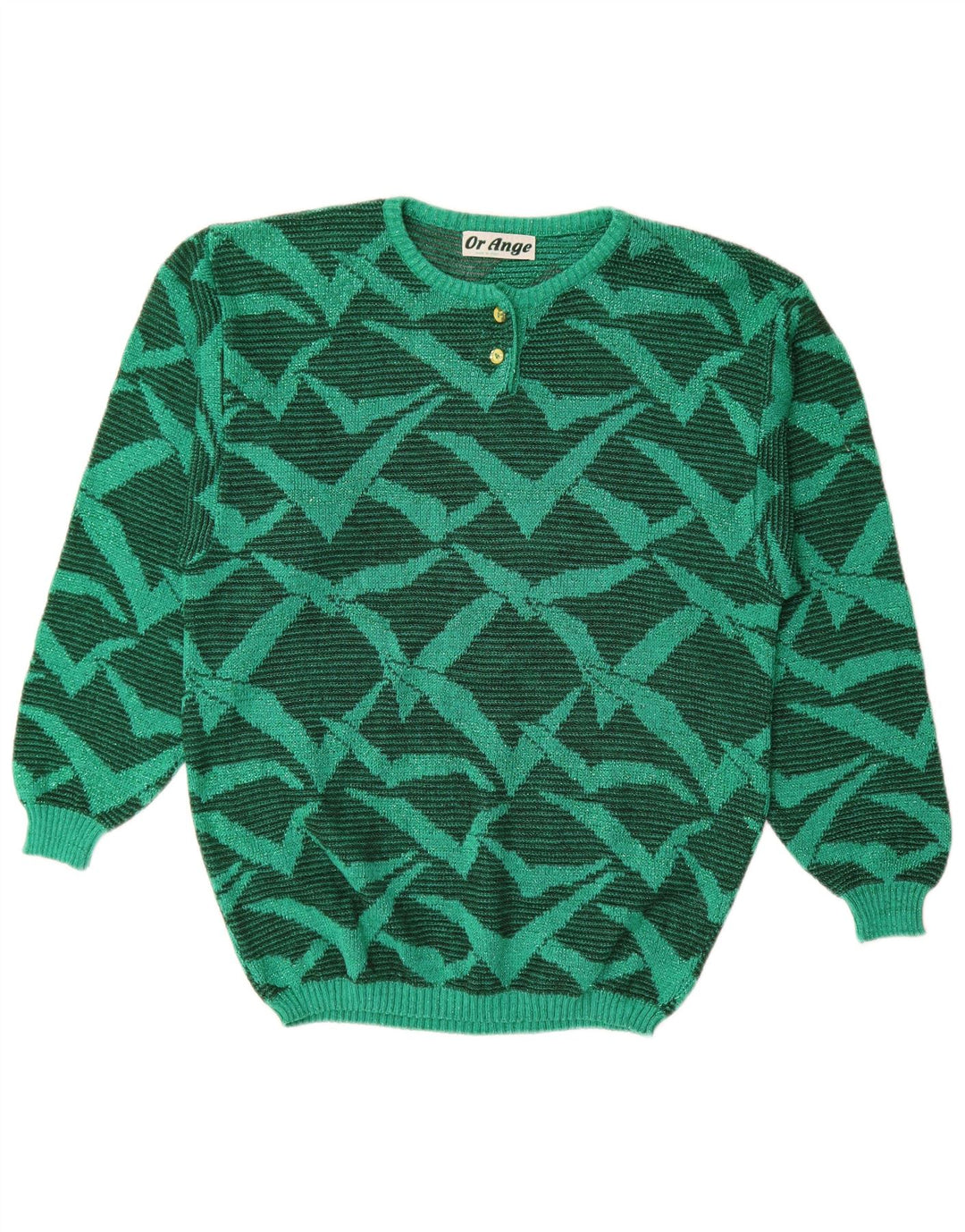 vintage Femmes Motif Abstrait Crew Neck Jumper Pull UK 16 Grand Vert