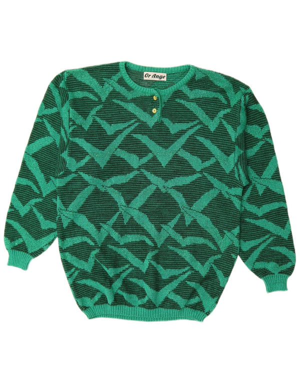 vintage Femmes Motif Abstrait Crew Neck Jumper Pull UK 16 Grand Vert