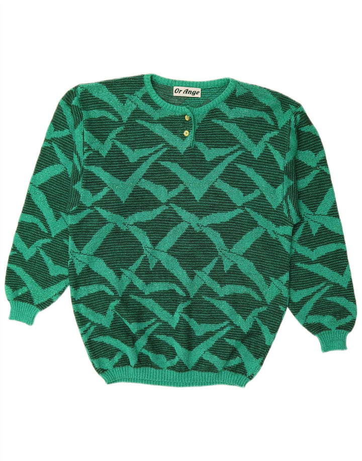 vintage Femmes Motif Abstrait Crew Neck Jumper Pull UK 16 Grand Vert