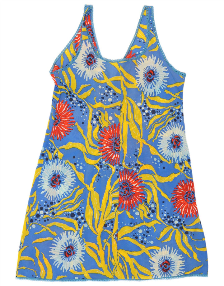 VINTAGE Robe à motif abstrait pour femme UK 12 Bleu moyen
