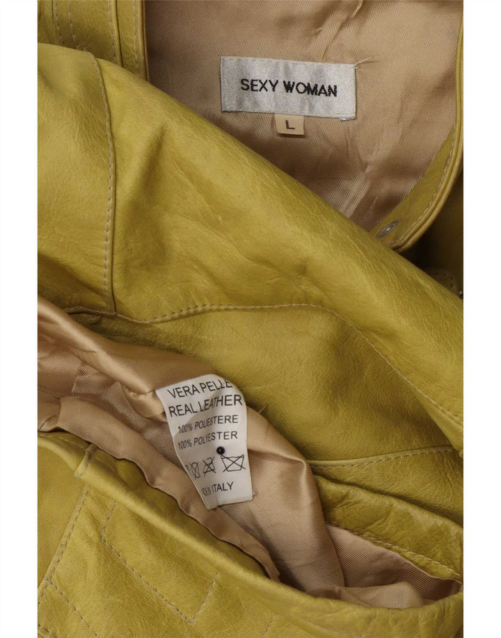 veste de motard en cuir femme vintage UK 14 Grand Jaune