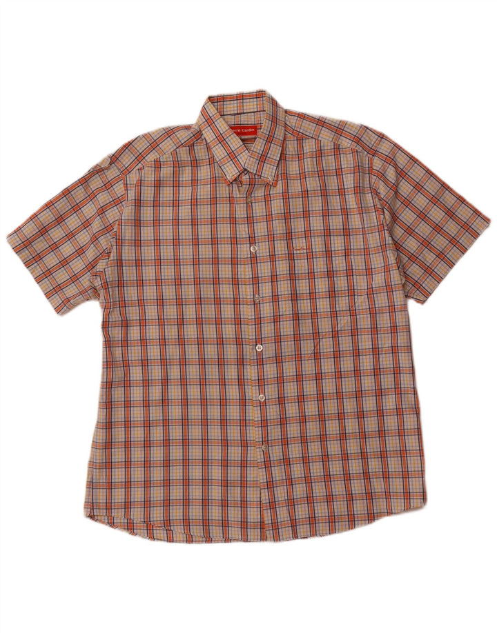 Pierre Cardin Chemise à manches courtes pour homme Taille 40 Coton à carreaux orange moyen