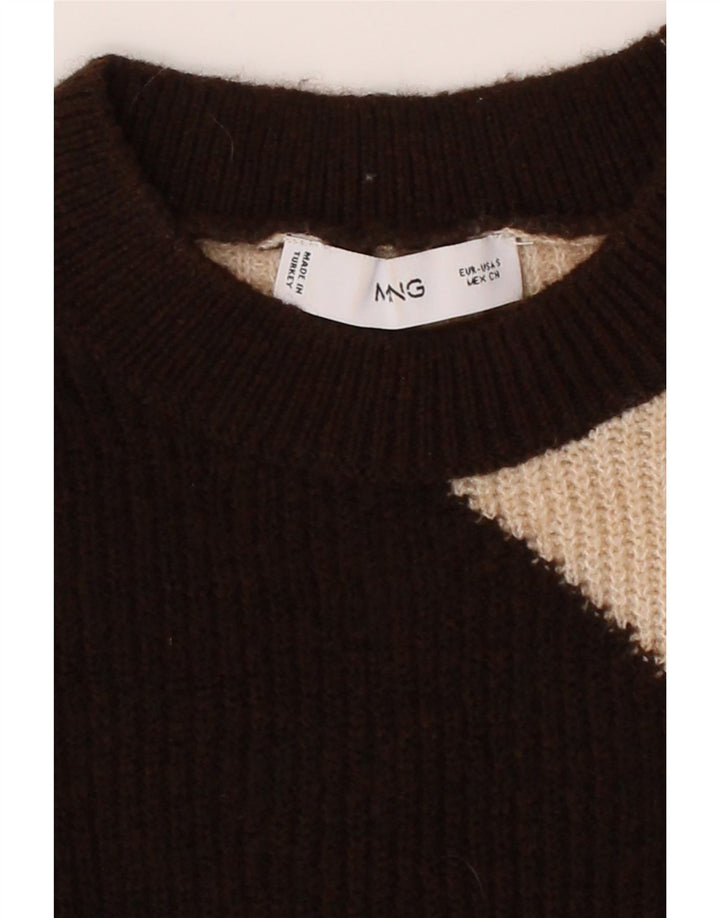 MANGO Womens Overshirt Crew Neck Jumper Sweater UK 10 Small Brown Striped Vintage Mango and Second-Hand Mango from Messina Hembry 
