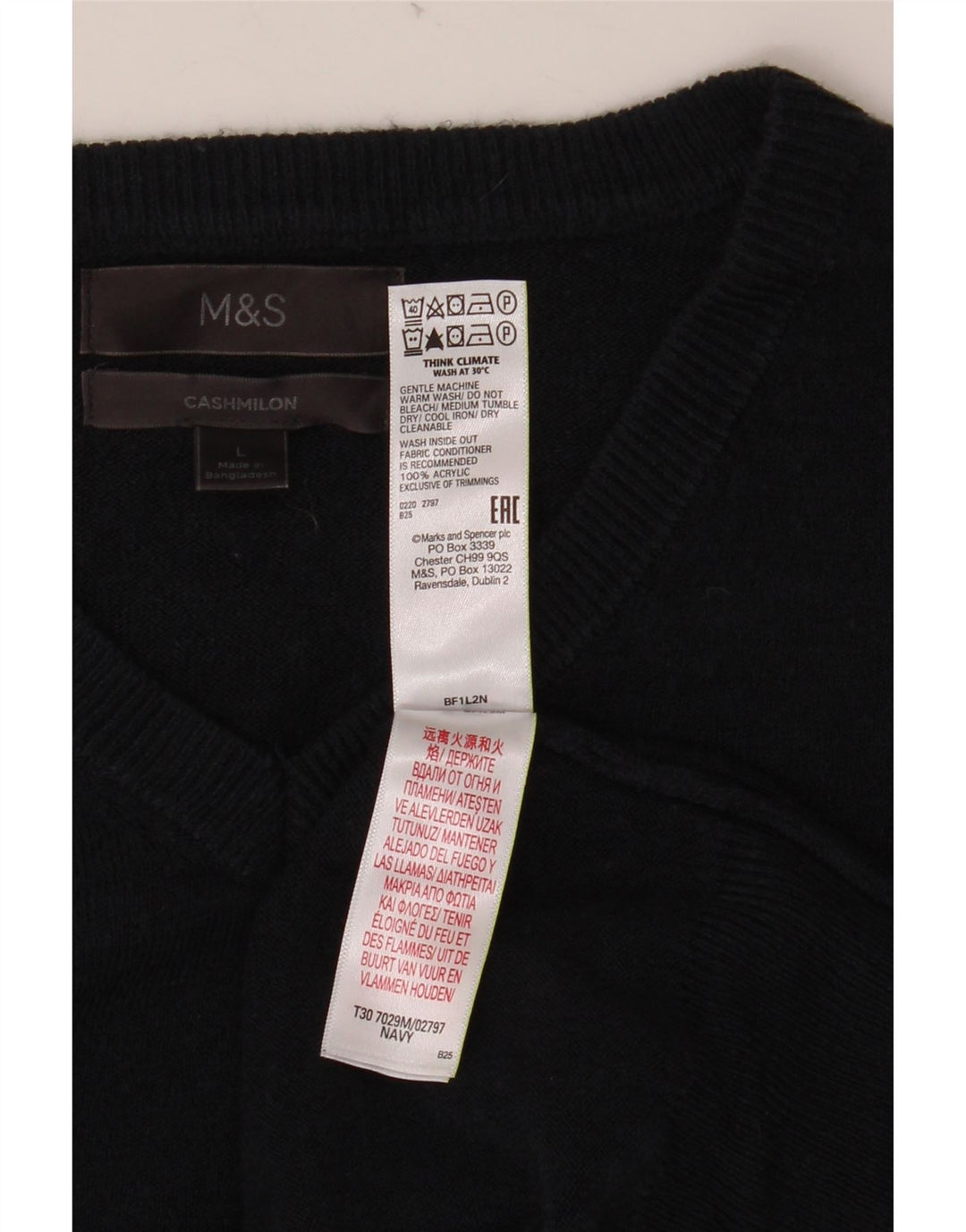 MARKS & SPENCER Pull col V pour homme en acrylique bleu marine Taille L