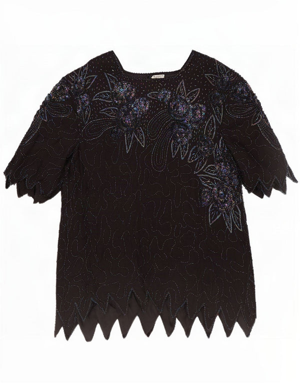 vintage Femmes Soirée Blouse Top UK 18 XL Noir Floral Soie