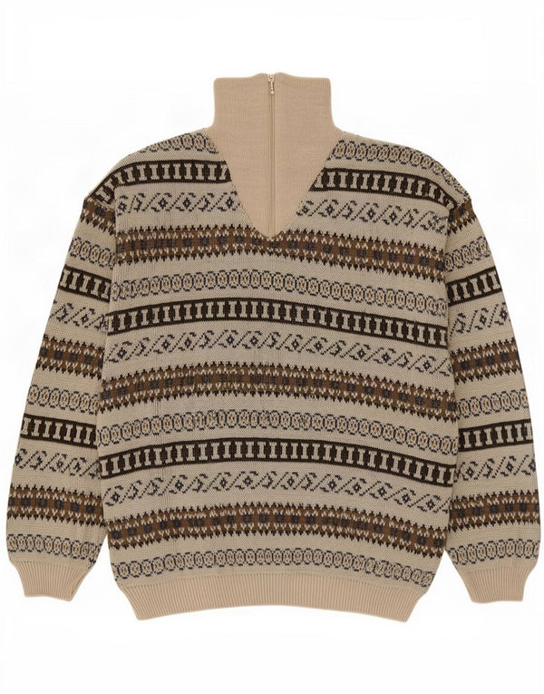 vintage Mens Zip Neck Jumper Sweater IT 54 XL Beige Géométrique Acrylique