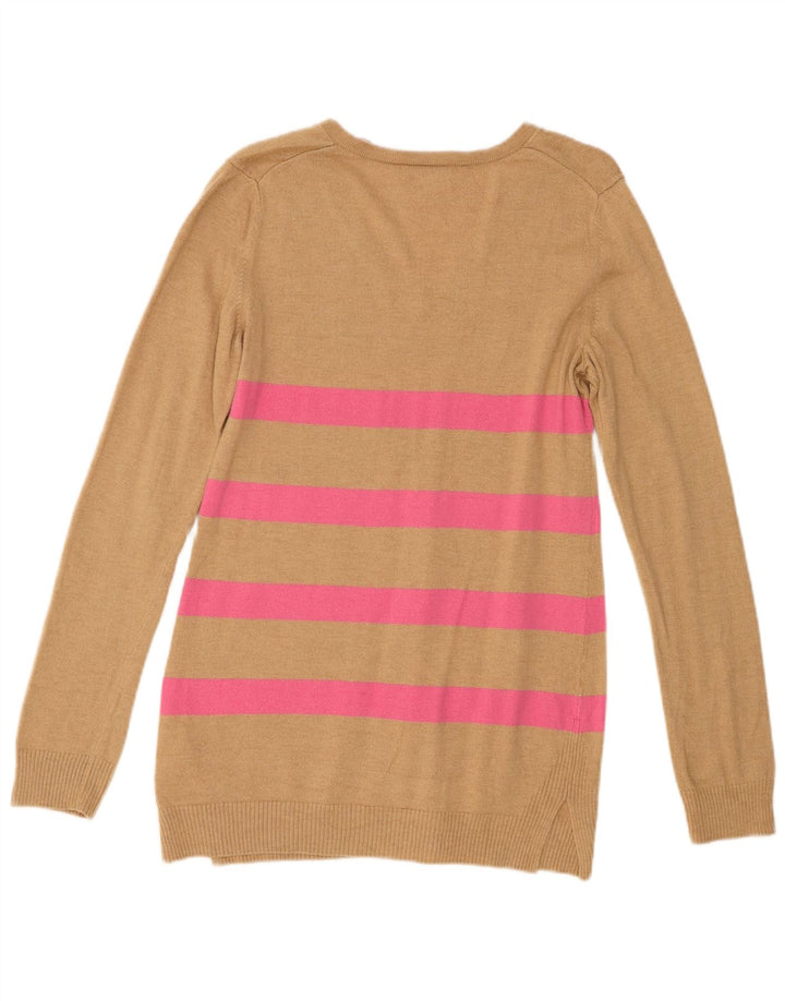 Gap Pull Col V Femme UK 12 Nylon Rayé Marron Moyen