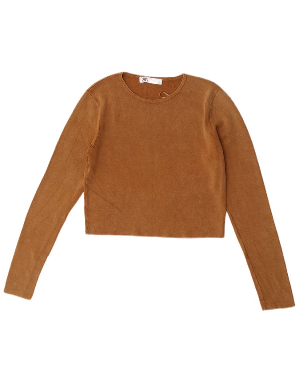 Zara Womens Crop Top Manches Longues UK 14 Large Beige