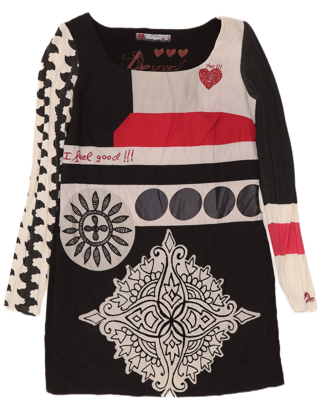 DESIGUAL Robe fourreau graphique à manches longues pour femme EU 42 Large Noir Floral