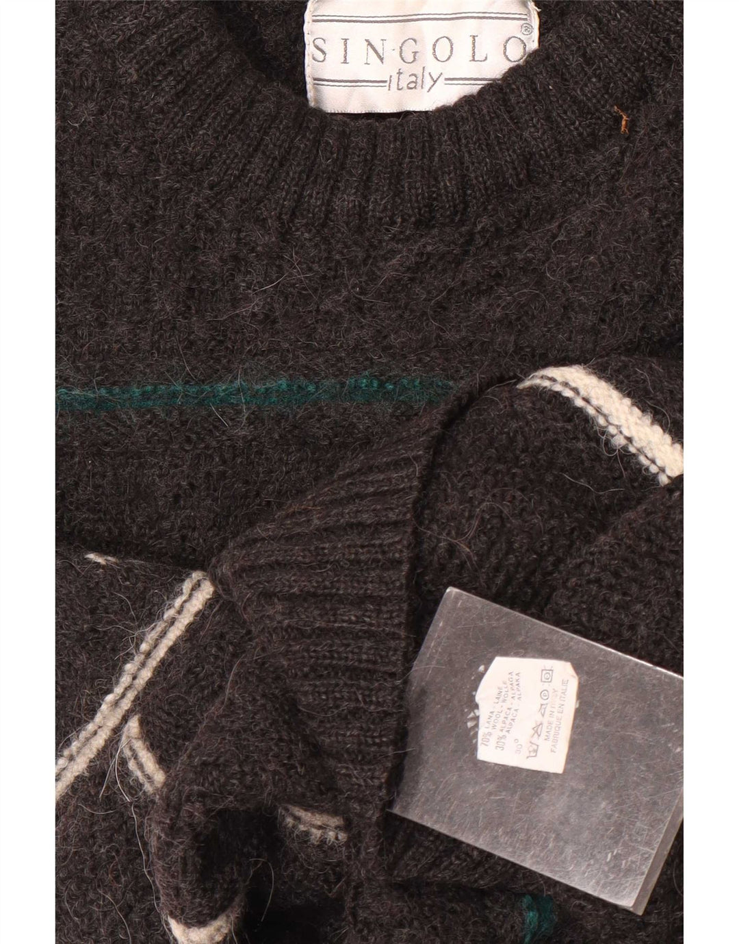vintage Mens Crew Neck Jumper Pull Moyen Gris Rayé Laine