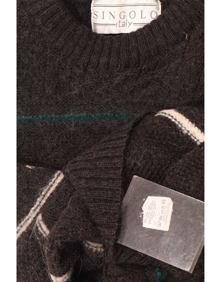 vintage Mens Crew Neck Jumper Pull Moyen Gris Rayé Laine