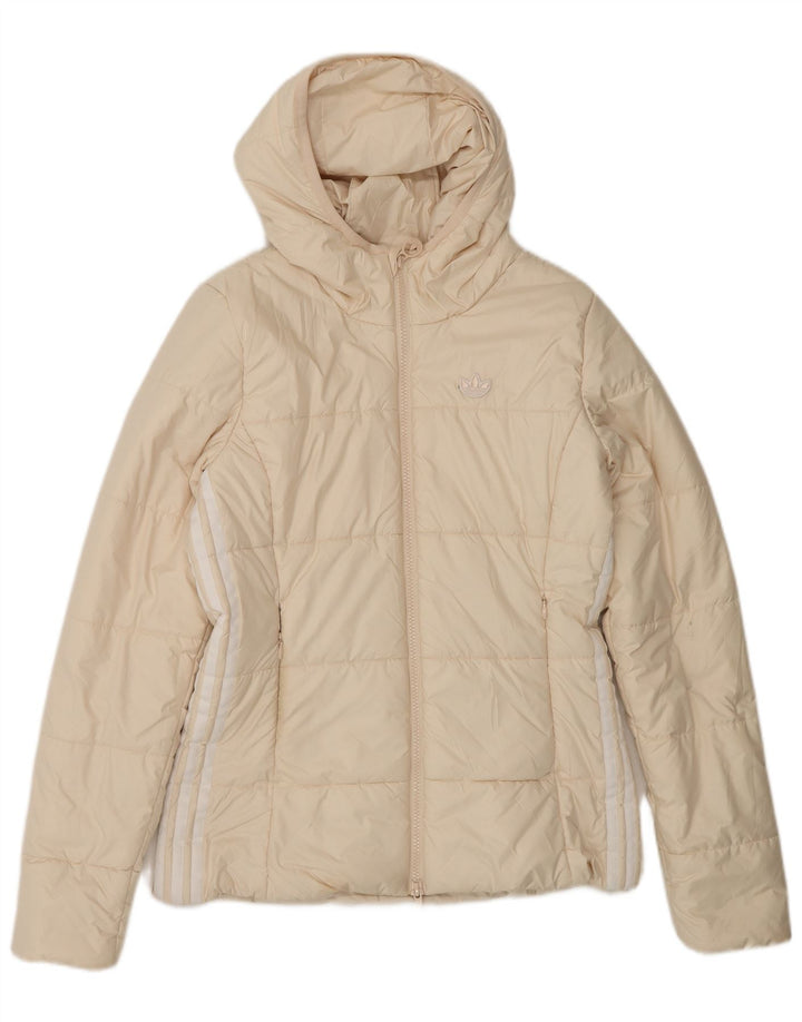 Adidas Veste matelassée à capuche pour femme UK 10 Small Beige Colourblock Polyester