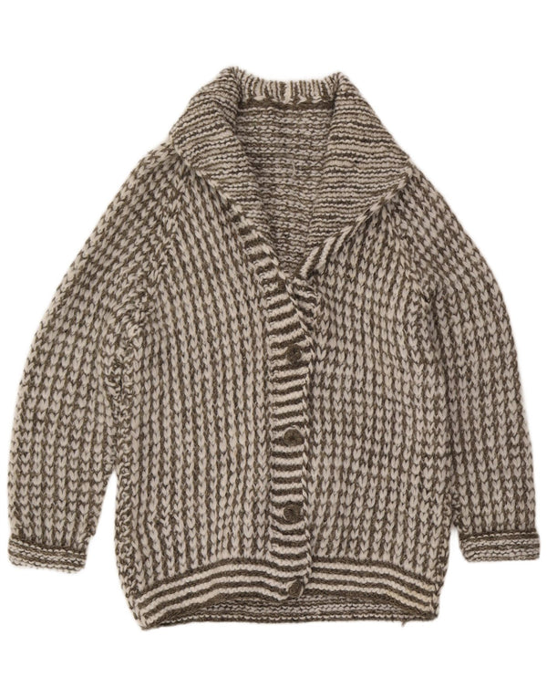 VINTAGE Femme Longline Cardigan Pull UK 16 Grand Gris Rayé