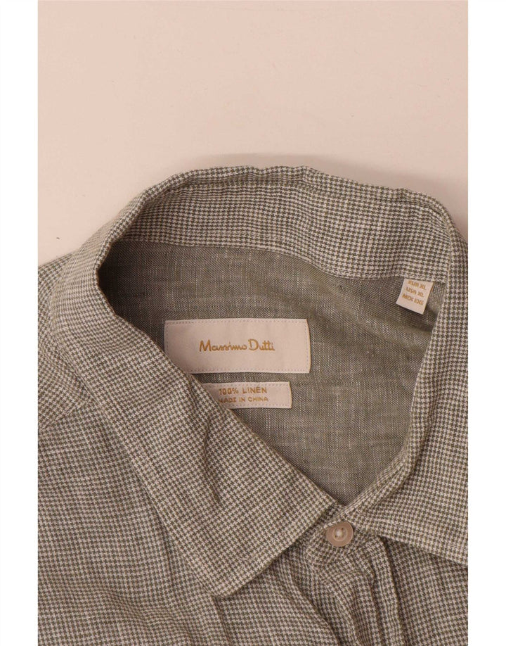 Massimo Dutti Chemise Homme XL Vert Pied-de-Poule Lin