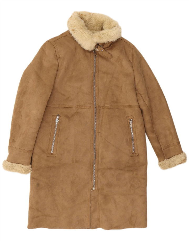Zara Manteau Sherpa Femme UK 14 Polyester Beige Moyen