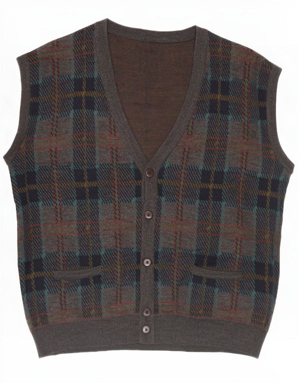 vintage Mens Cardigan sans manches Pull IT 54 XL Gris Check Wool