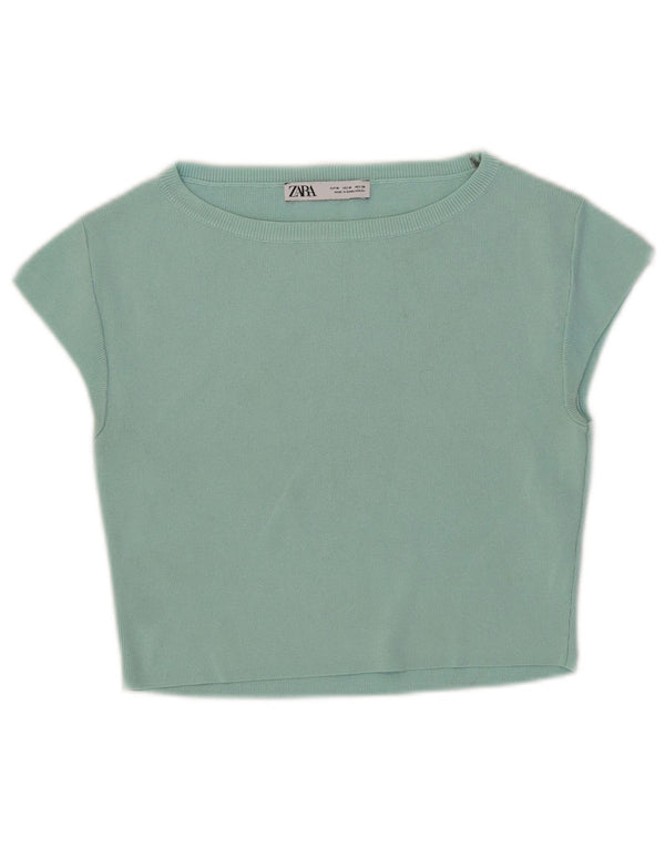 Zara Womens Crop T-Shirt Top UK 12 Viscose Turquoise Moyen
