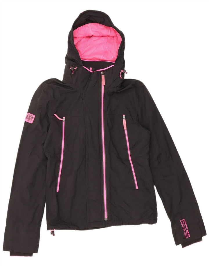 SUPERDRY Veste de pluie à capuche pour femme UK 10 Small Noir Nylon