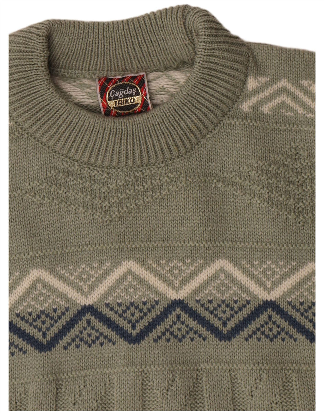 vintage Mens Crew Neck Jumper Pull Moyen Kaki Géométrique Coton