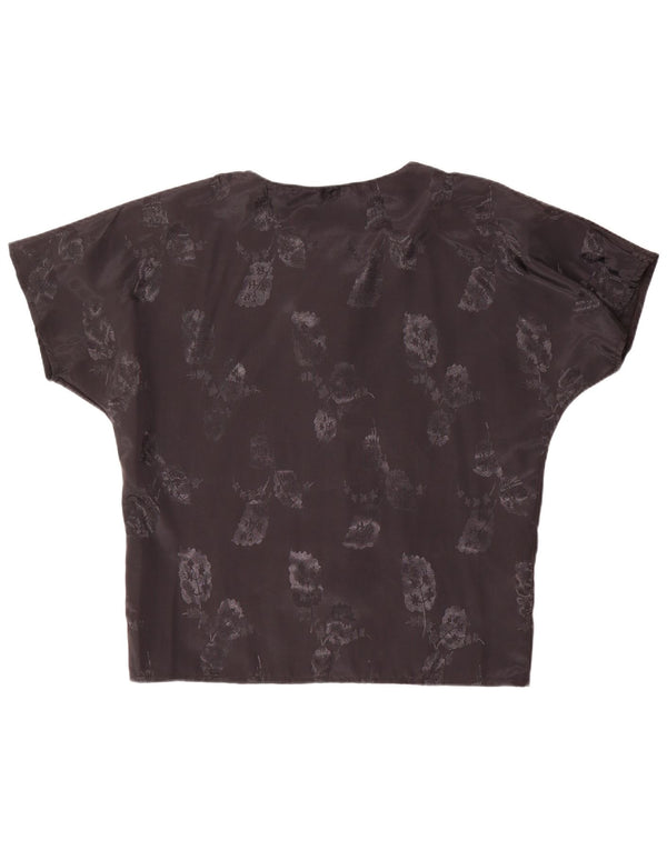 vintage Femmes Chemise à manches courtes Blouse UK 20 2XL Noir Floral Polyester