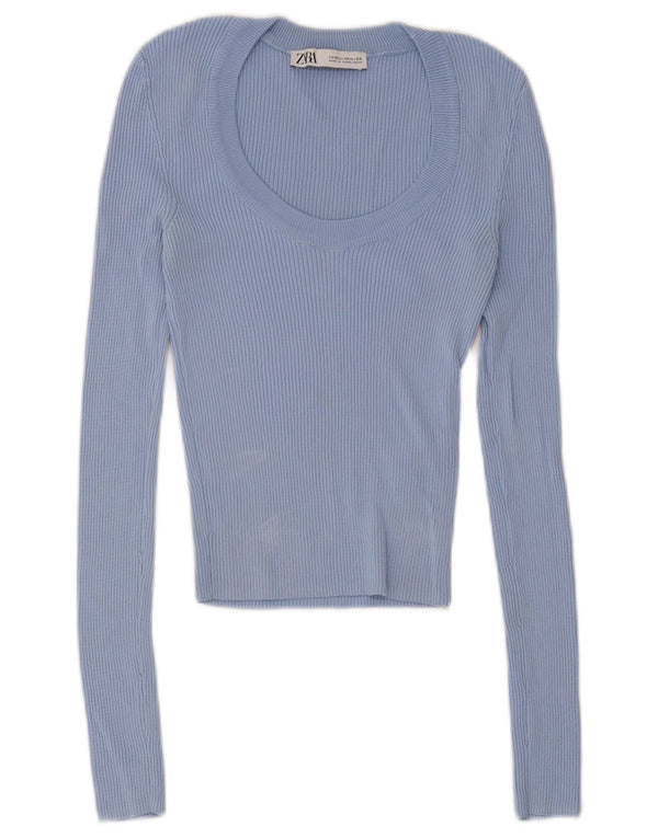 Zara Femme Crop Top Manches Longues UK 4 XS Bleu Viscose