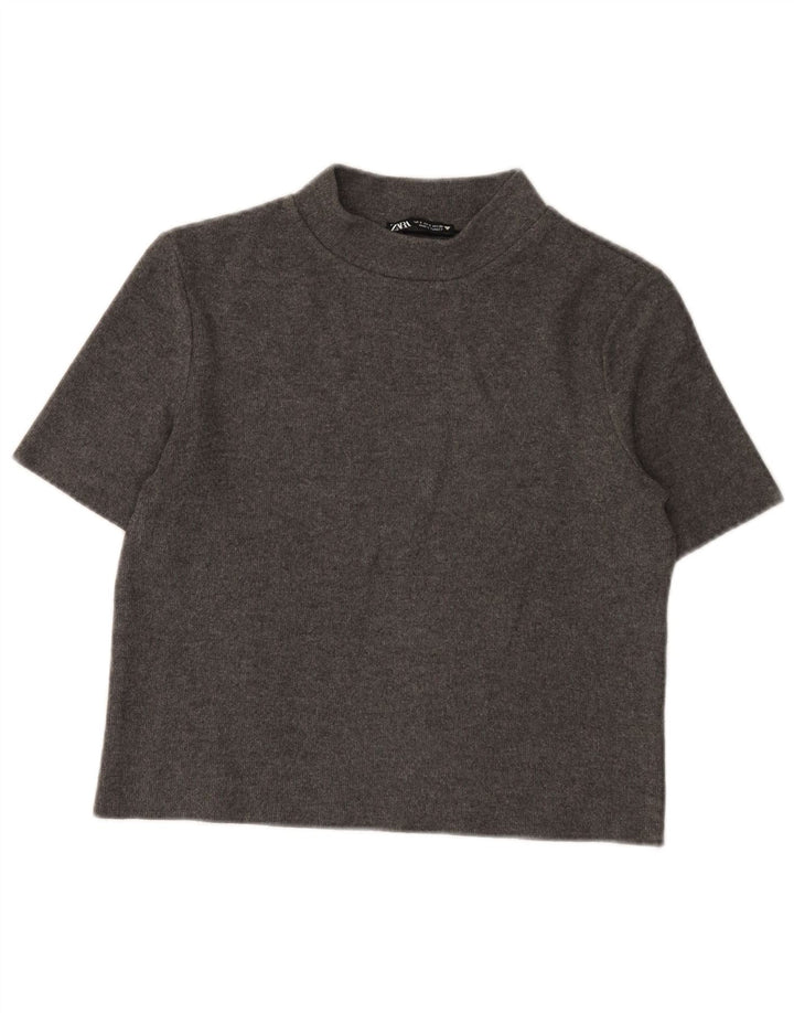 Zara Womens Crop T-Shirt Top UK 10 Petit Gris Polyester