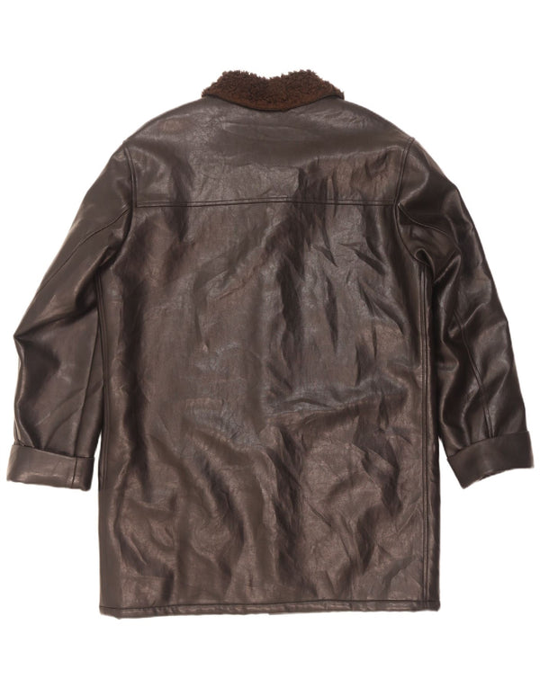 vintage Mens Sherpa Faux Cuir Pardessus UK 42 XL Noir Micropolifil