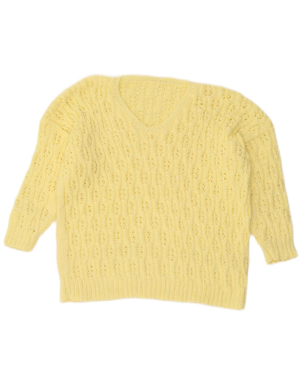 vintage Femmes 3/4 Manches V-Col Jumper Pull UK 16 Grand Jaune