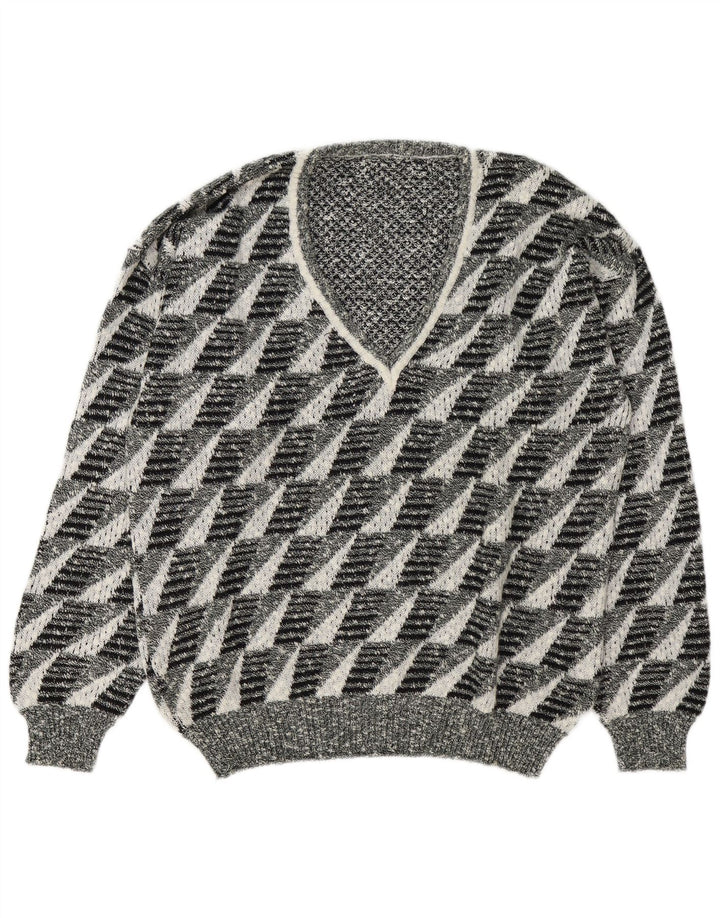 vintage Mens V-Col Jumper Pull Grand Gris Géométrique