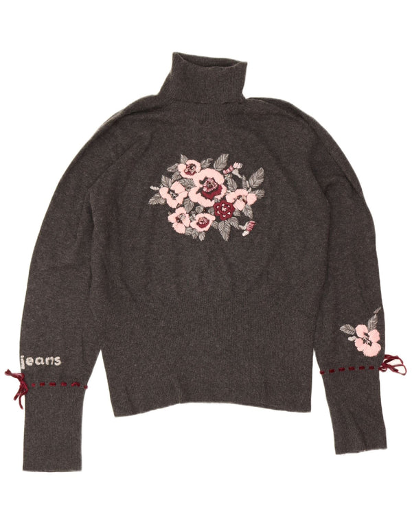 Les Copains Pull graphique col roulé pour femme IT 46 Large Gris Floral