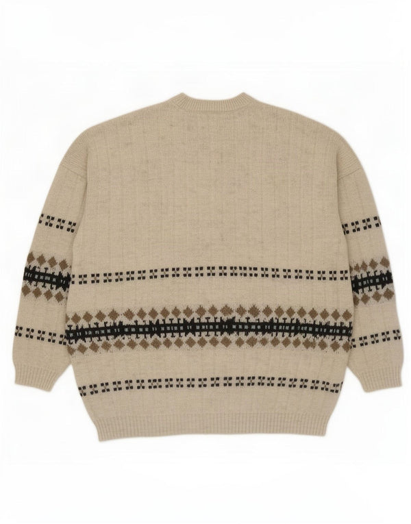 vintage Mens Crew Neck Jumper Pull XL Gris Fair Isle Acrylique