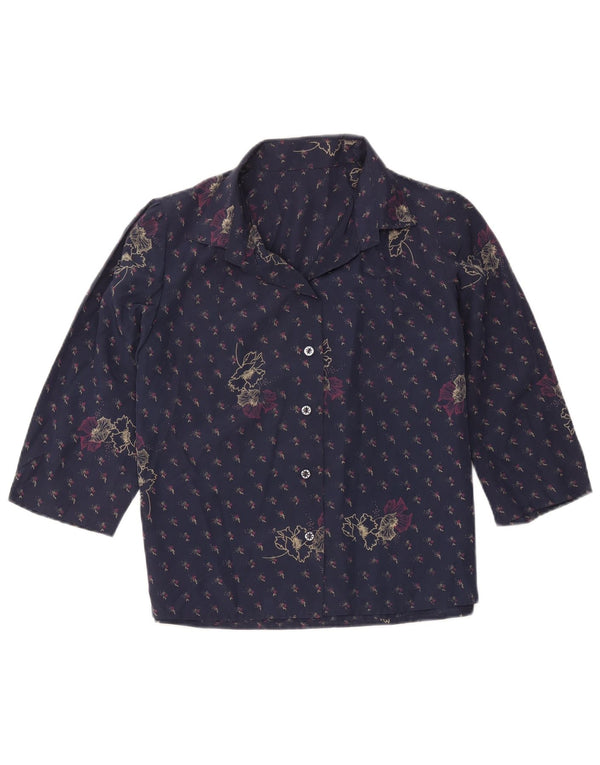vintage Femmes 3/4 Manches Chemise Blouse UK 12 Moyen Bleu Marine Floral