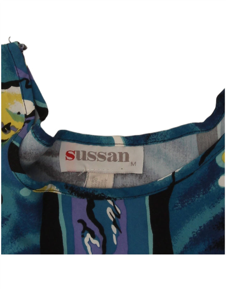 vintage Womens Crop Abstract Pattern Blouse Top UK 12 Bleu Moyen