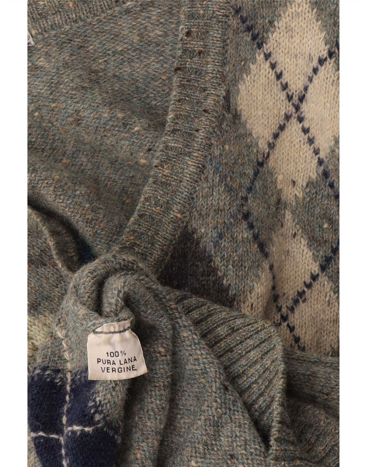 vintage Homme Col V Pull Pull Gris Moyen Argyle/Diamant Laine Vierge
