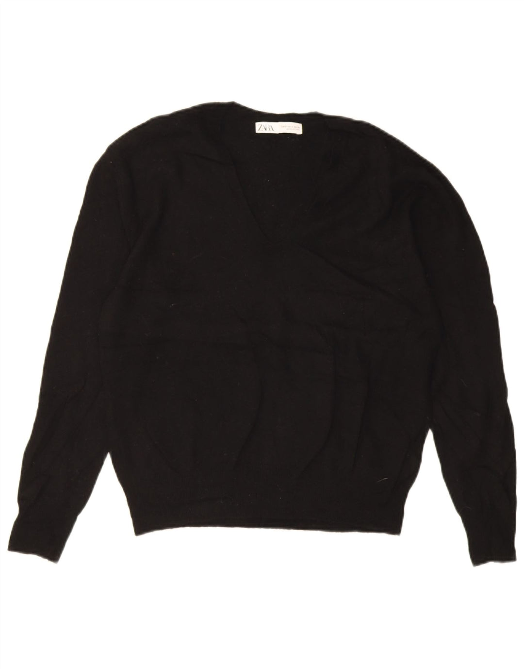 Zara Pull surdimensionné à col en V pour femme UK 10 Petite laine noire
