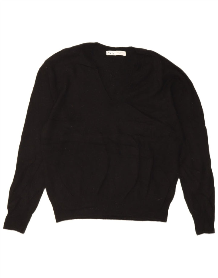 Zara Pull surdimensionné à col en V pour femme UK 10 Petite laine noire