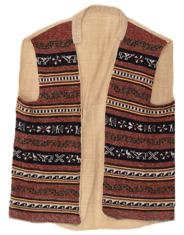 vintage Mens Open Gilet UK 38 Moyen Bourgogne Géométrique