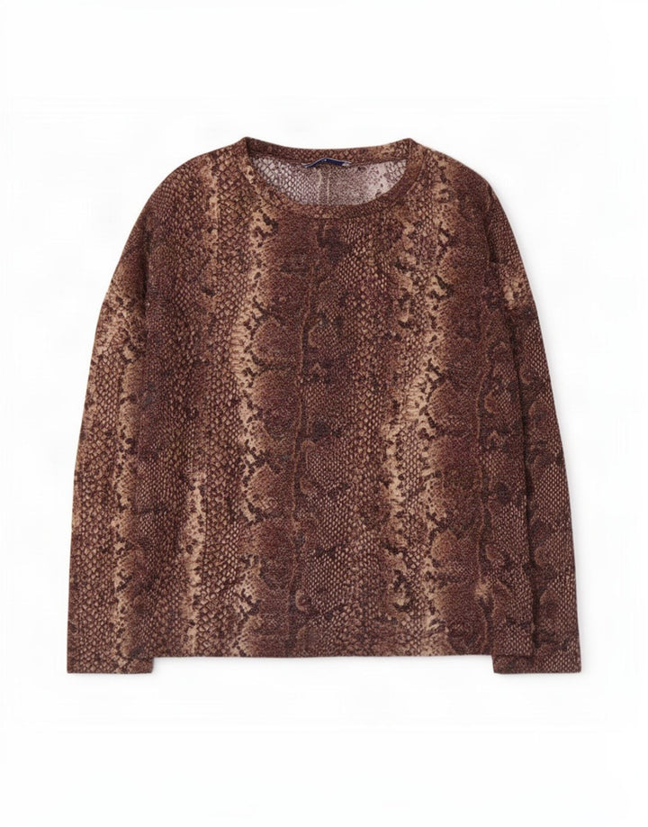 Zara Femme Top Manches 3/4 UK 14 Marron Moyen Imprimé Animal