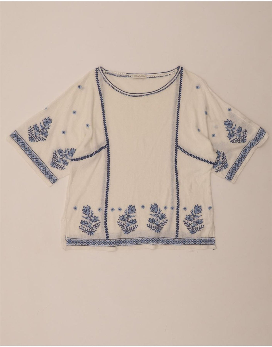 MONSOON Chemisier Femme Top UK 16 Grand Lin Floral Blanc Cassé