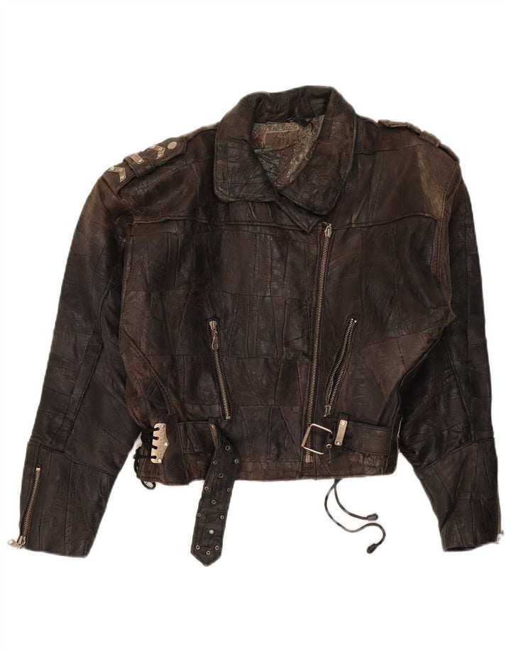 DR MARTENS Veste de motard en cuir court pour femme UK 18 XL Marron Patchwork