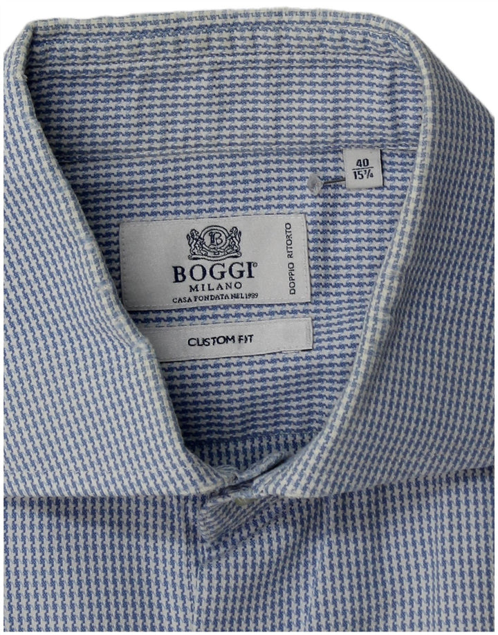 Boggi Mens Custom Fit Shirt Taille 40 15 1/2 Coton pied-de-poule bleu moyen