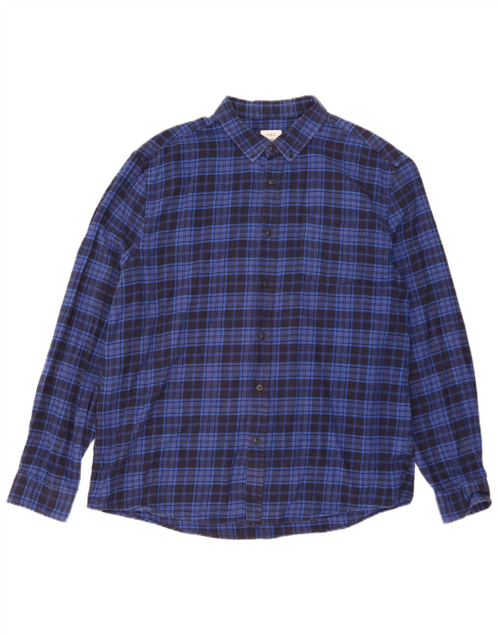 Marks & Spencer Chemise en flanelle coupe classique pour homme XL Bleu à carreaux en coton