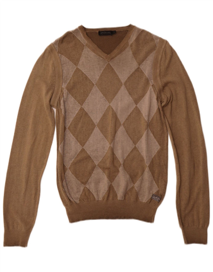 CALVIN KLEIN JEANS Pull col V pour homme Petit Marron Argyle/Diamant