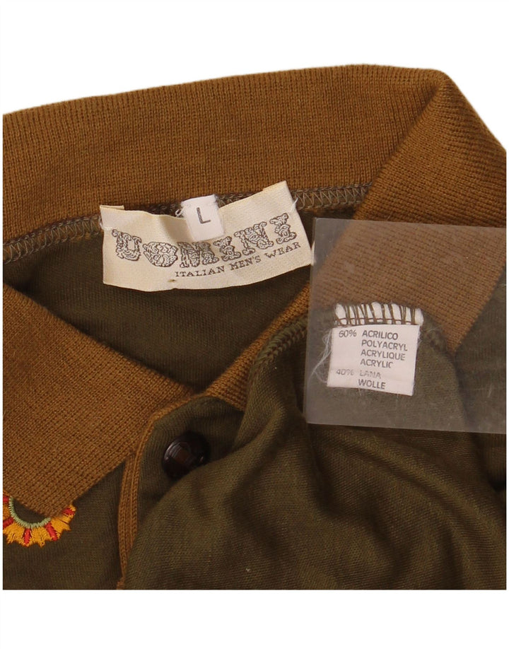 VINTAGE Pull col polo homme grand kaki acrylique